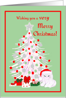 Christmas White Cat in Santa Hat with Tree and Gifts card