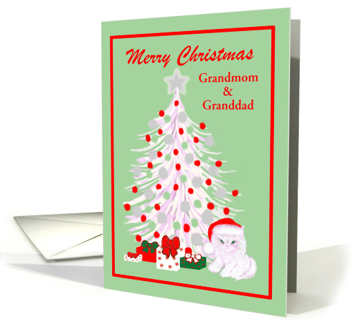 Custom Grandparents Christmas White Cat in Santa Hat card (1332074)