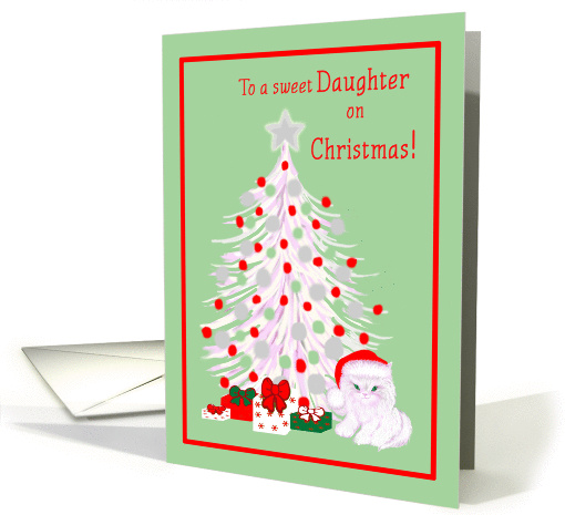 Daughter Christmas White Cat in Santa Hat with Tree and Gifts card