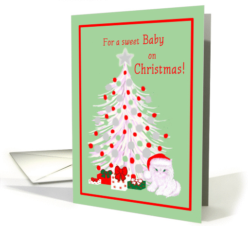 Baby Christmas White Cat in Santa Hat with Tree and Gifts card