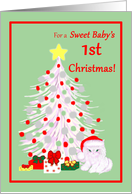 Baby 1st Christmas White Cat in Santa Hat with Tree and Gifts card