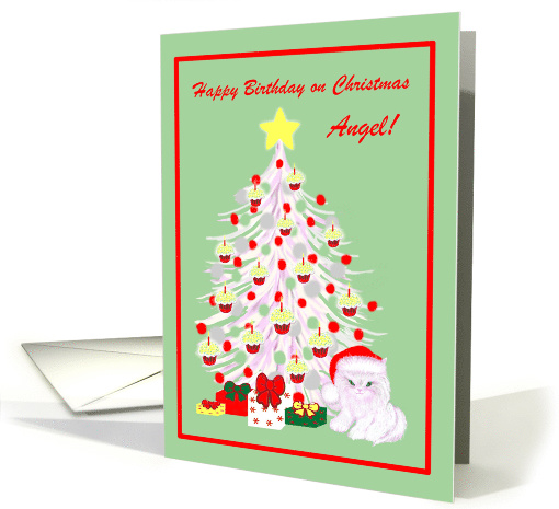 Custom Name Birthday on Christmas White Cat in Santa Hat card