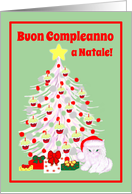 Italian Birthday on Christmas White Cat in Santa Hat card