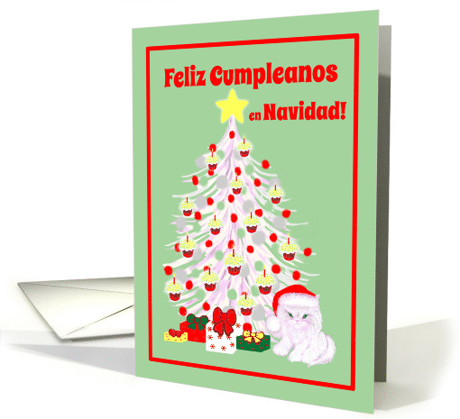 Spanish Birthday on Christmas White Cat in Santa Hat card (1333608)