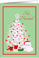 Spanish Christmas White Cat in Santa Hat card