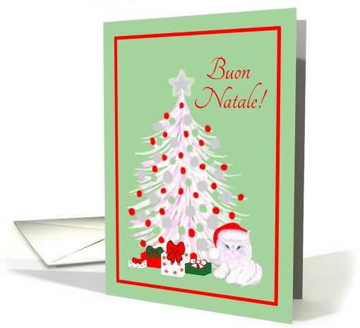 Italian Christmas White Cat in Santa Hat with Tree card (1333688)