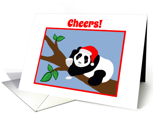 Couple Christmas Cheers Panda Bear in Santa Hat with Wine card