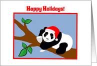 Christmas Happy Holidays Panda Bear in Santa Hat with Wine card