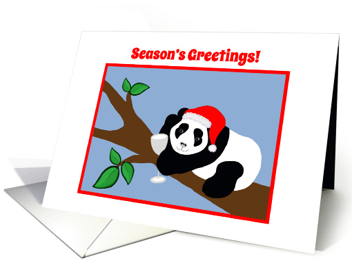 Christmas Season's Greetings Panda Bear in Santa Hat with Wine card