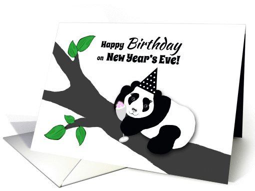 New Year's Eve Birthday Panda Bear in Hat w Champagne Toast card