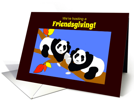 Invitation Friendsgiving Panda Bear w Wine Toast in Tree card