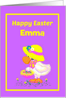 Custom Name Easter Cute Duck w Bonnet and Basket card