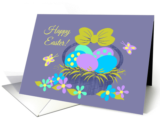 General Easter Basket w Colored eggs, Flowers and Butterflies card