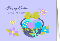 Son Husband Easter Basket w Colored eggs, Flowers and Butterflies card