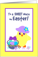 Niece Easter Chick, Basket, Colored Eggs, Flowers card