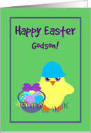 Easter for Godson Baby Chick, Basket, Colored Eggs, Flowers card