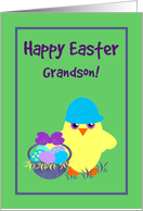 Grandson Easter Baby Chick, Basket, Colored Eggs, Flowers card