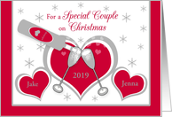 Couples Christmas Custom Name Hearts Toasting Champagne Glasses card