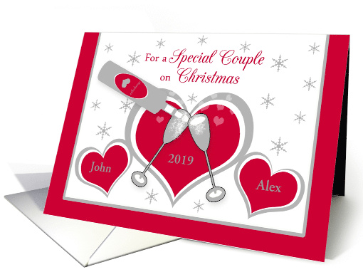 Gay Christmas Custom Name Hearts and Toasting Champagne Glasses card