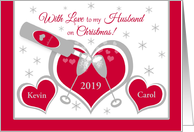 Husband Christmas Custom Name Hearts and Toasting Champagne Glasses card