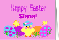 Easter Custom Name Baby Chick with Colorful Painted Eggs card