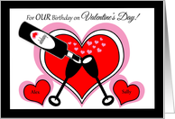 Shared Birthday on Valentines Day Custom Name Champagne and Hearts card