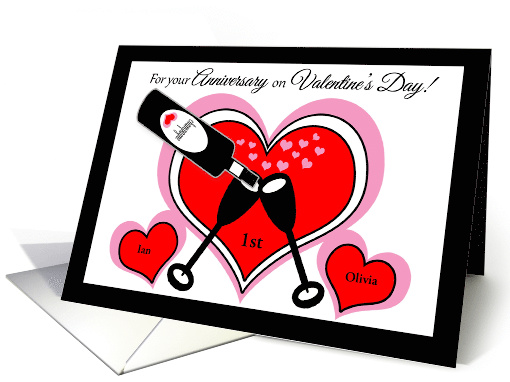 Anniversary Valentines Day Custom Name Year Champagne and Hearts card