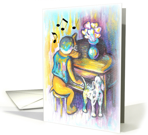 Blank Note Card- Dog Playing Piano Illustration card (658352)