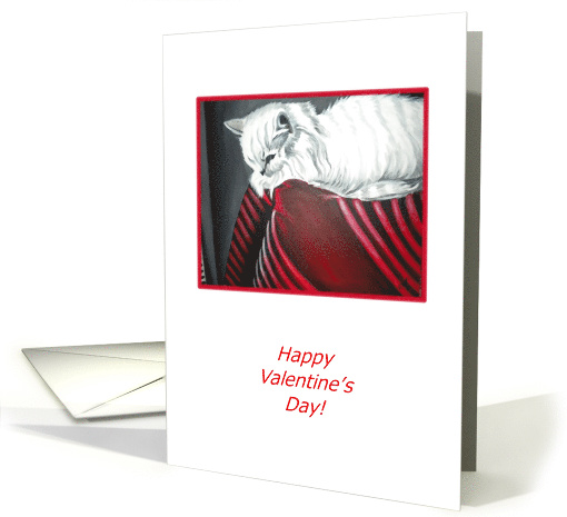 Valentines Day Handpainted White Cat Print in Red Black & White card