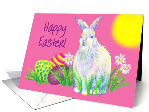 Kids Easter Fluffy White Bunny With Colourful Eggs card (758987)