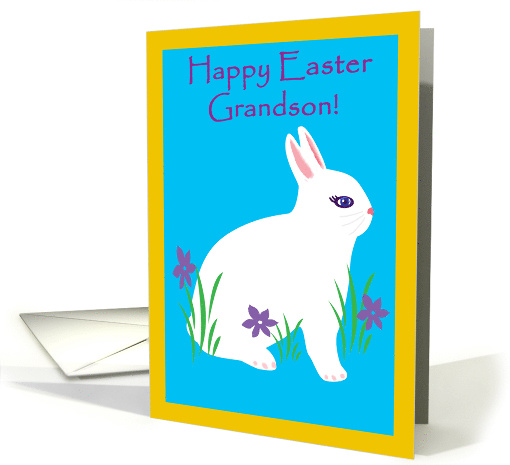 Grandson Happy Easter Fluffy White Bunny With Purple Flowers card