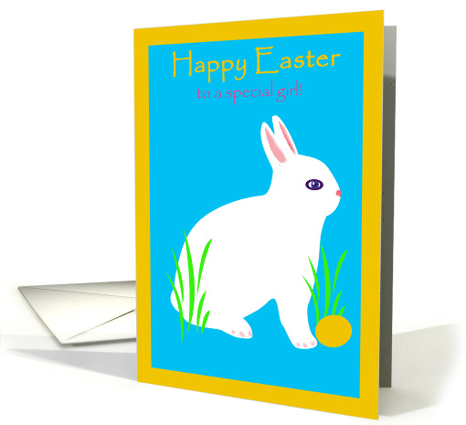 Children Girl Happy Easter Fluffy,White Bunny W Golden Egg card