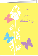 General Birthday Butterflies on Yellow with White Flower Silhouettes card