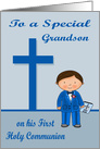 Congratulations On First Communion to Grandson with Brown Haired Boy card