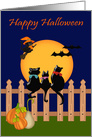 Halloween with Three Black Cats gazing at a Harvest Moon and Bats card