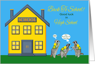 Back to School in High School, Raccoons wearing book bags on blue card