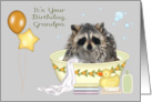Birthday to Grandpa with a Soapy Raccoon in a Bathtub and Balloons card