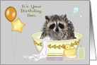 Birthday to Son Card with a Soapy Raccoon in a Bathtub and Balloons card