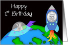 1st Birthday, general, raccoon in a rocket and another in a space ship card