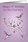 18th Birthday to Great Niece with Hummingbirds and Pretty Flowers card