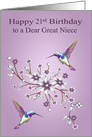 21st Birthday to Great Niece Card with Hummingbirds and Flowers card