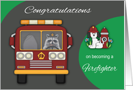Congratulations on Becoming a Firefighter with a Raccoon in Fire Truck card