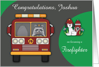 Congratulations on Becoming a Firefighter Custom Name with Raccoon card