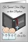 Congratulations on Baptism to Twin boys with a Bible and a Red Rosary card