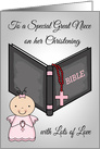 Congratulations on Christening to Great Niece with a Baby and a Bible card
