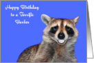 Birthday To Barber, Raccoon smiling with pearly white dentures, blue card