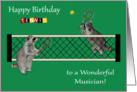 Birthday to Musician, Raccoons playing tennis with tennis rackets, net card