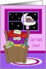 Get Well, general, sick monster in bed with a bear outside his window card