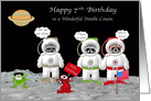 7th Birthday to Double Cousin, raccoon astronauts on moon with aliens card