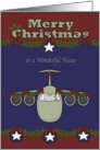 Christmas to Niece in the Air Force, Santa Claus flying a plane, blue card
